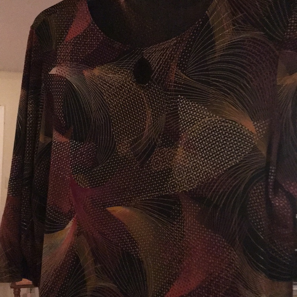 Stretchy multi colored top, sparkly earth tones